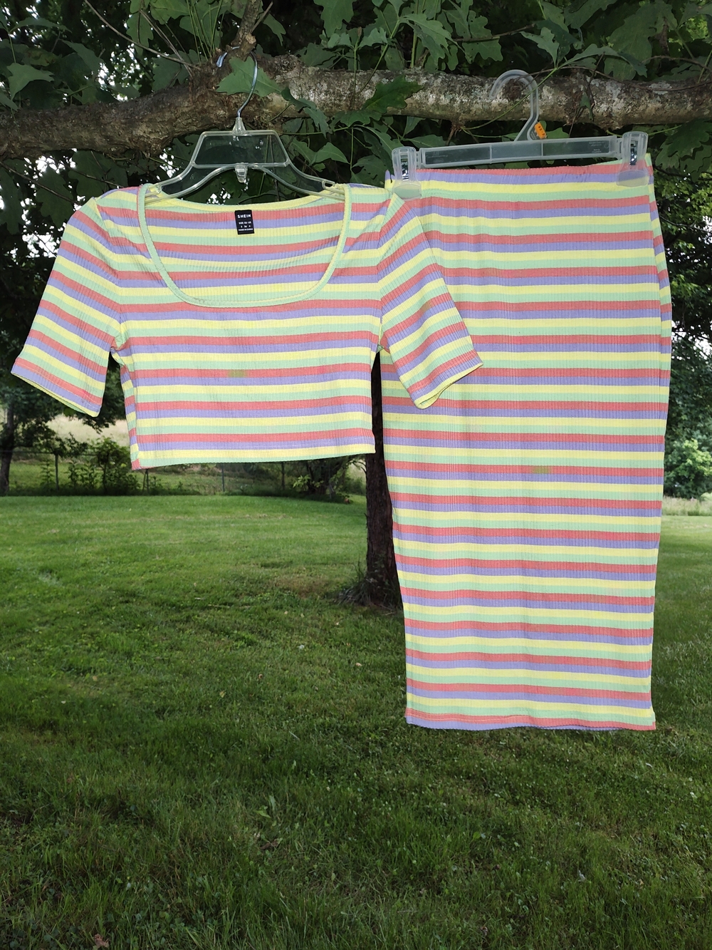 SHEIN Pastel Rainbow Striped Crop Top & Midi Skirt Set